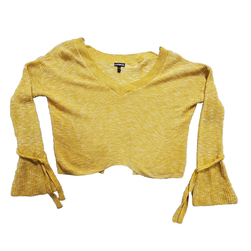 Express Cropped Sweater Women's XS Yellow Knit Tie Bell Sleeve Boho‎ Chic Casual